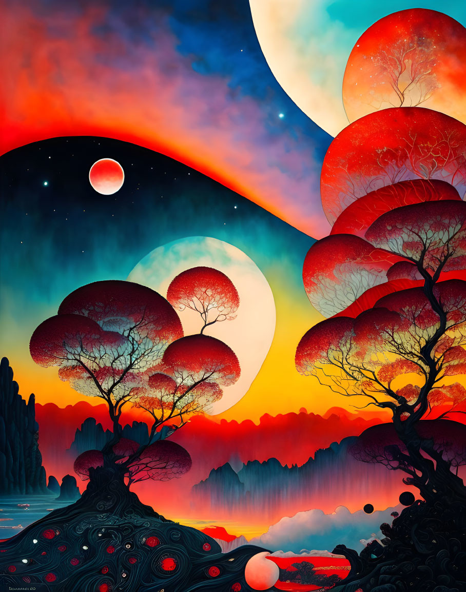 Colorful landscape with crimson trees, multicolored sky, moons, and rocky terrain