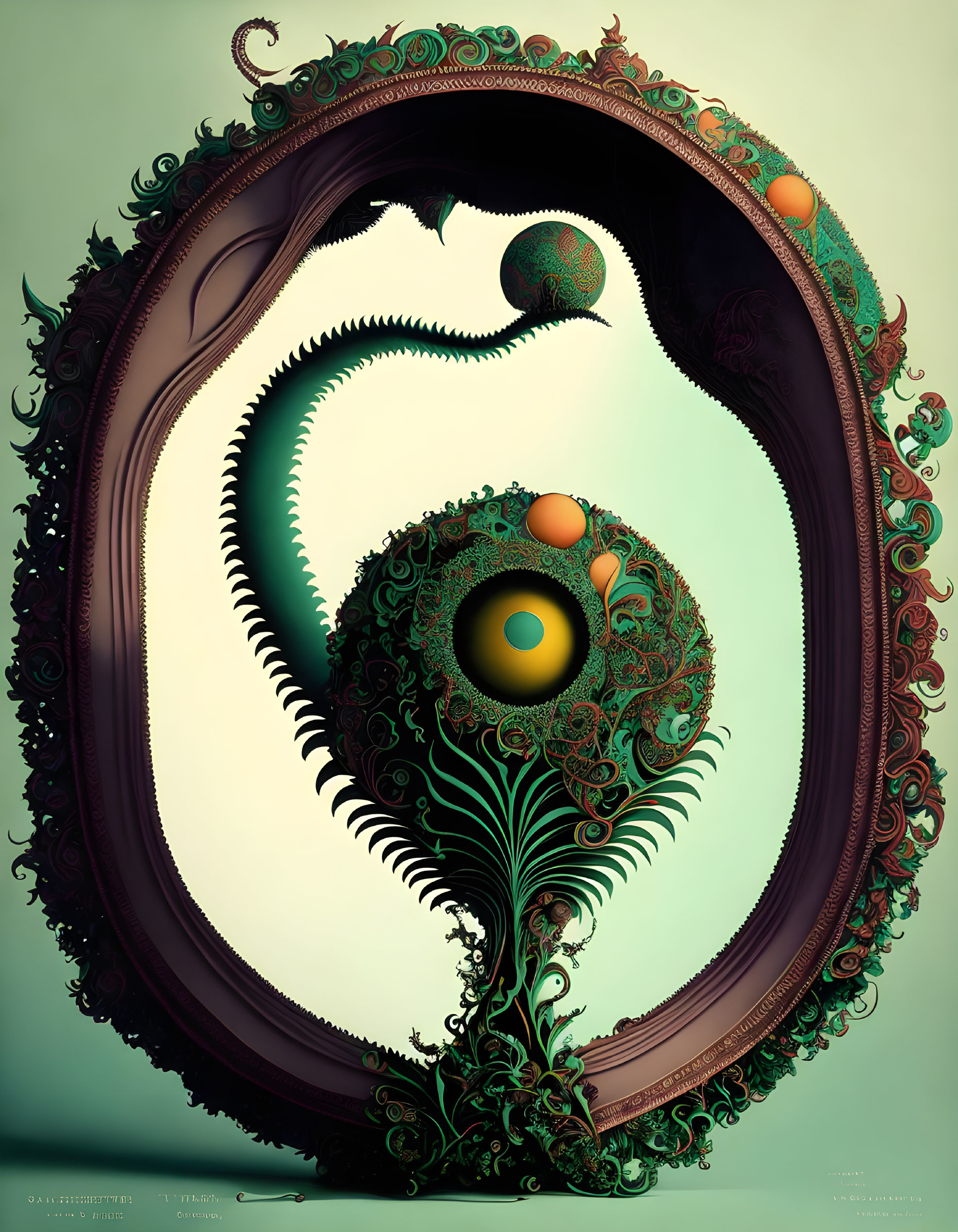 Abstract Fractal Image: Spiral Patterns, Spheres, Earthy Tones, Oval Frame, Green