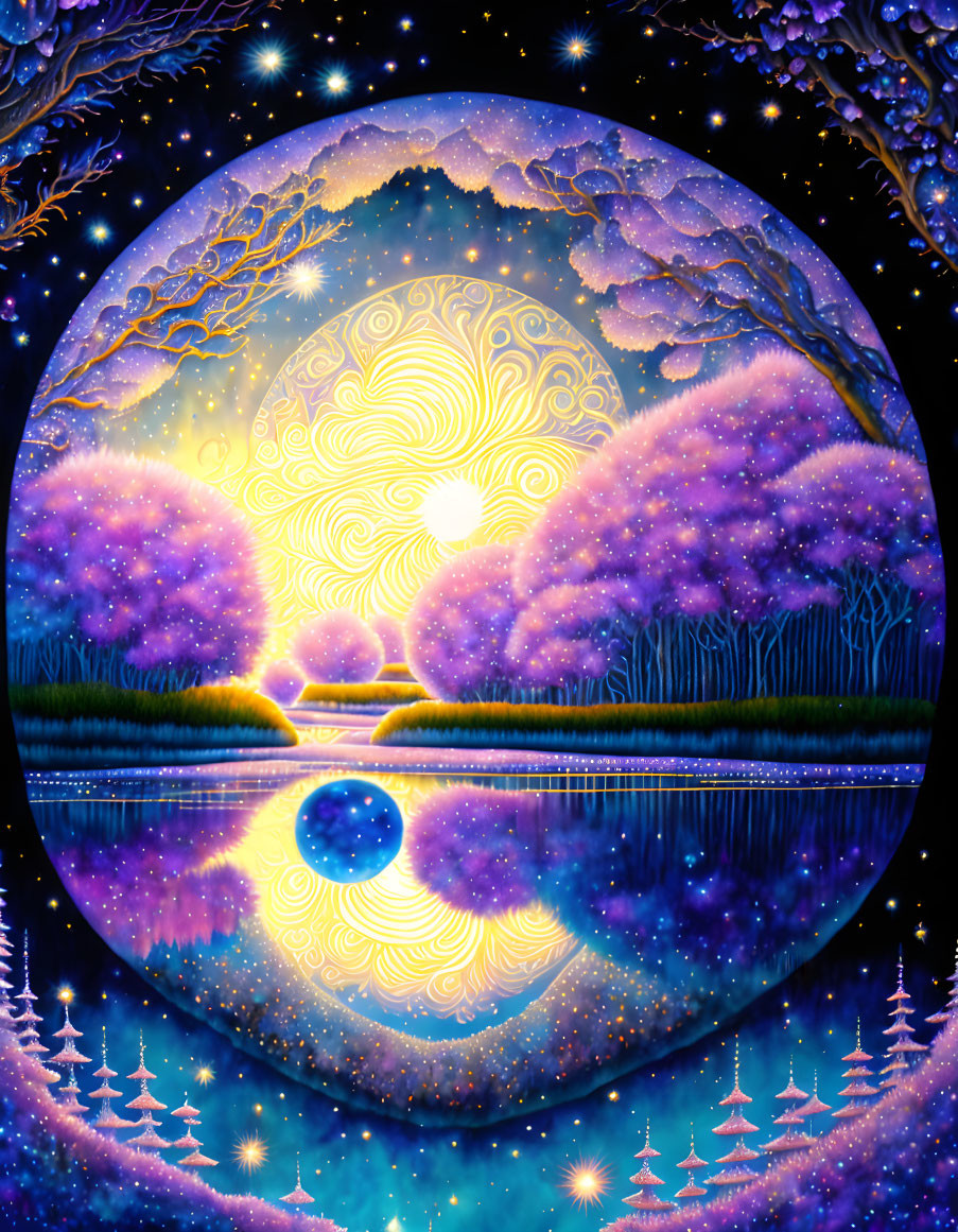 Circular artwork: Surreal landscape with glowing pink cherry blossom trees, radiant sun, and tranquil water reflection