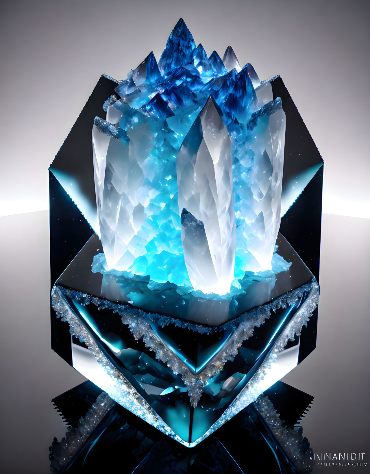 Luminescent blue crystal formation on reflective geometric base