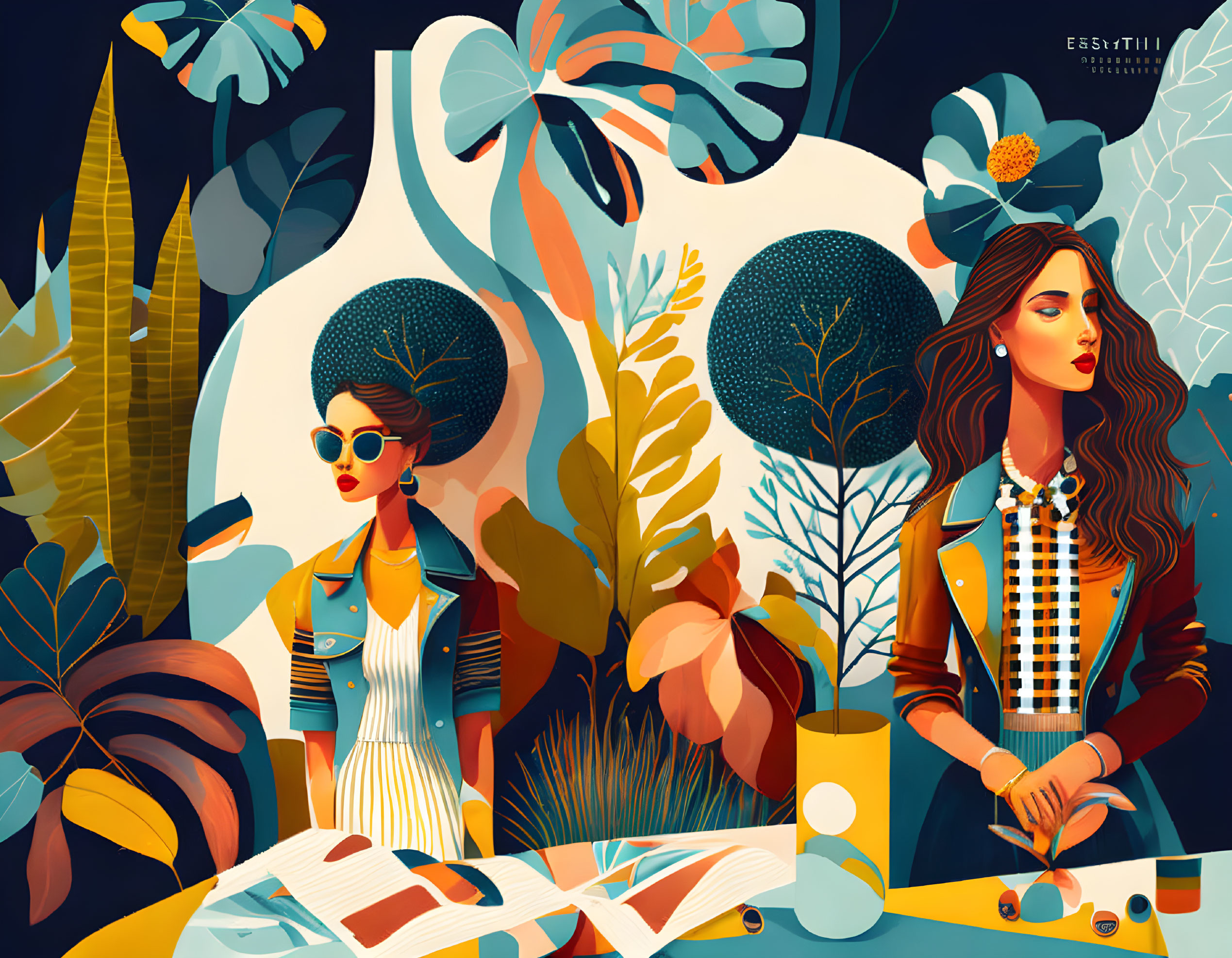 Stylized women in vibrant tropical setting with retro chic vibe