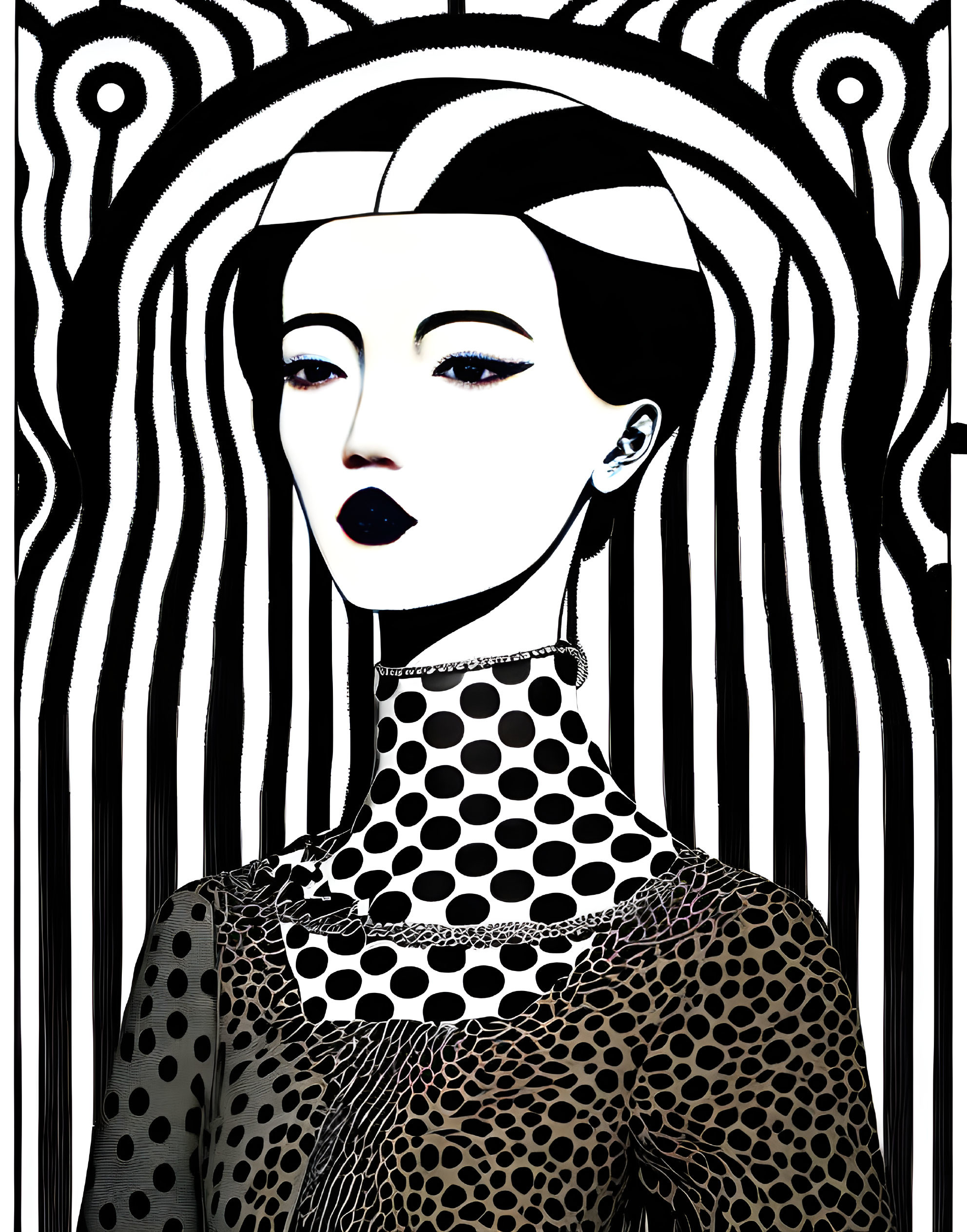 Stylized illustration of a woman on black and white striped background