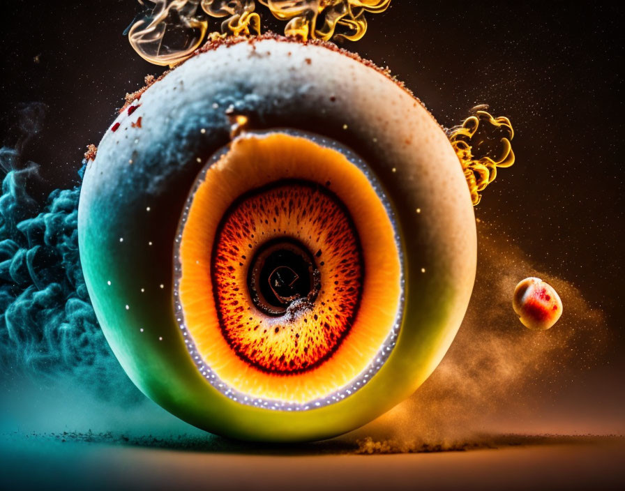 Colorful surreal eye in cosmic setting with dynamic smoke and liquid swirls