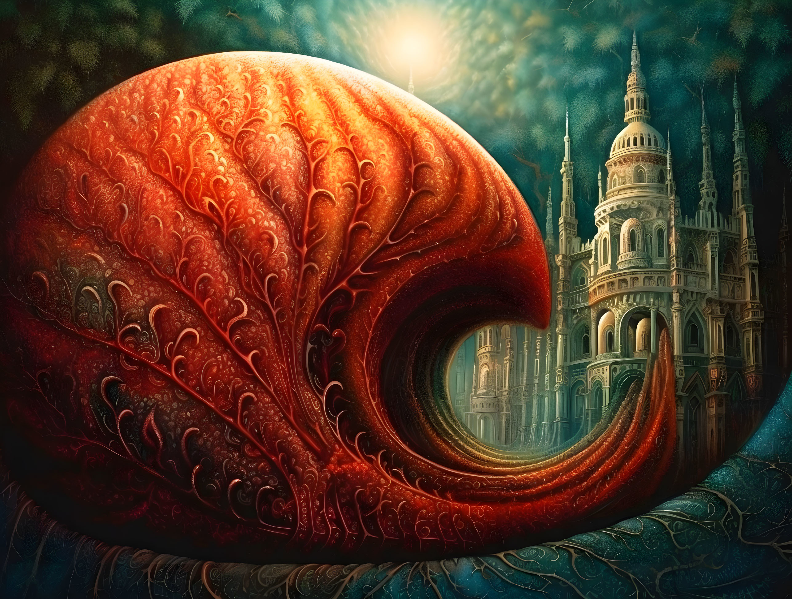 Fantasy artwork with large red leaf, glowing sun, and towering castle