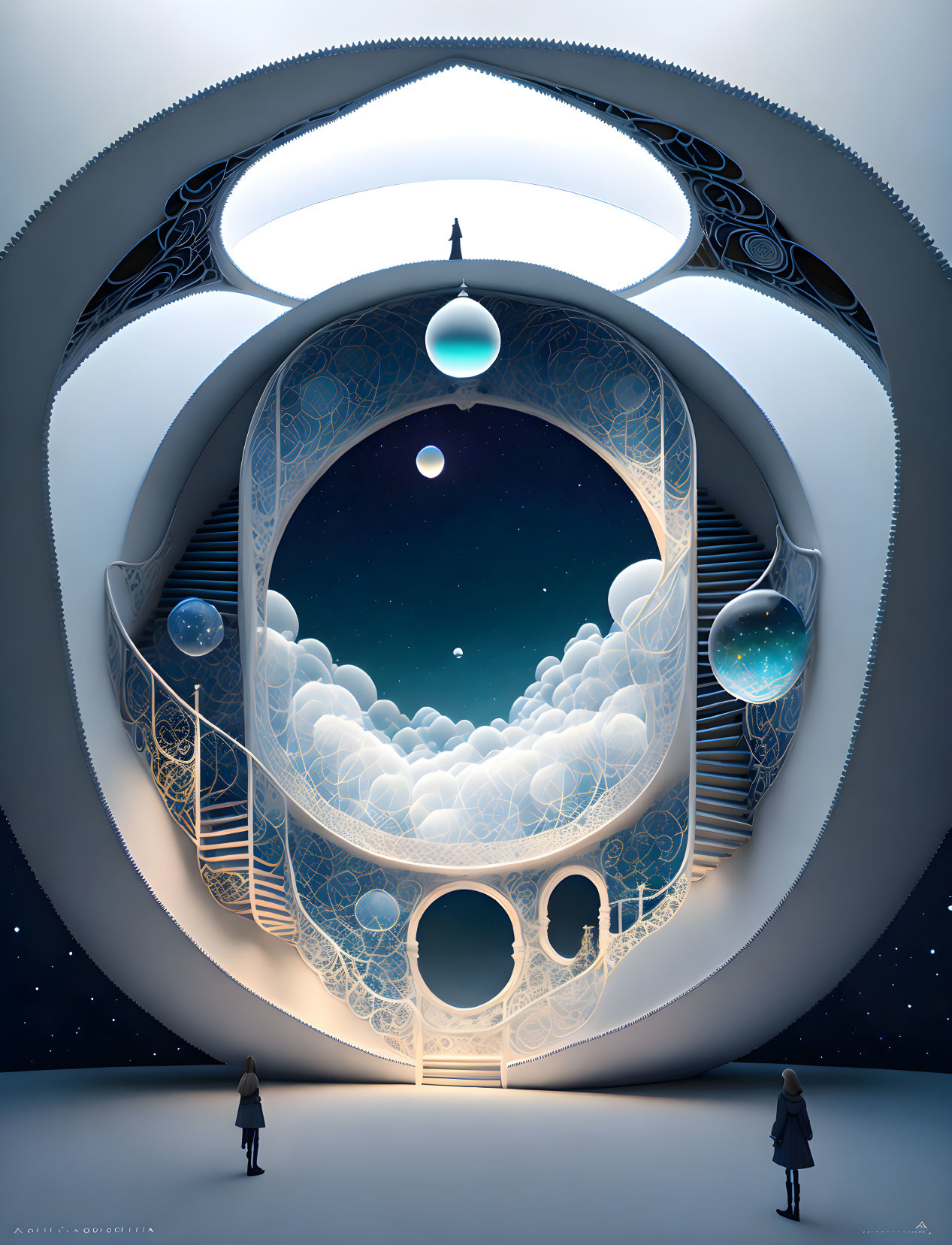 Surreal artwork of figures and intricate circular structure