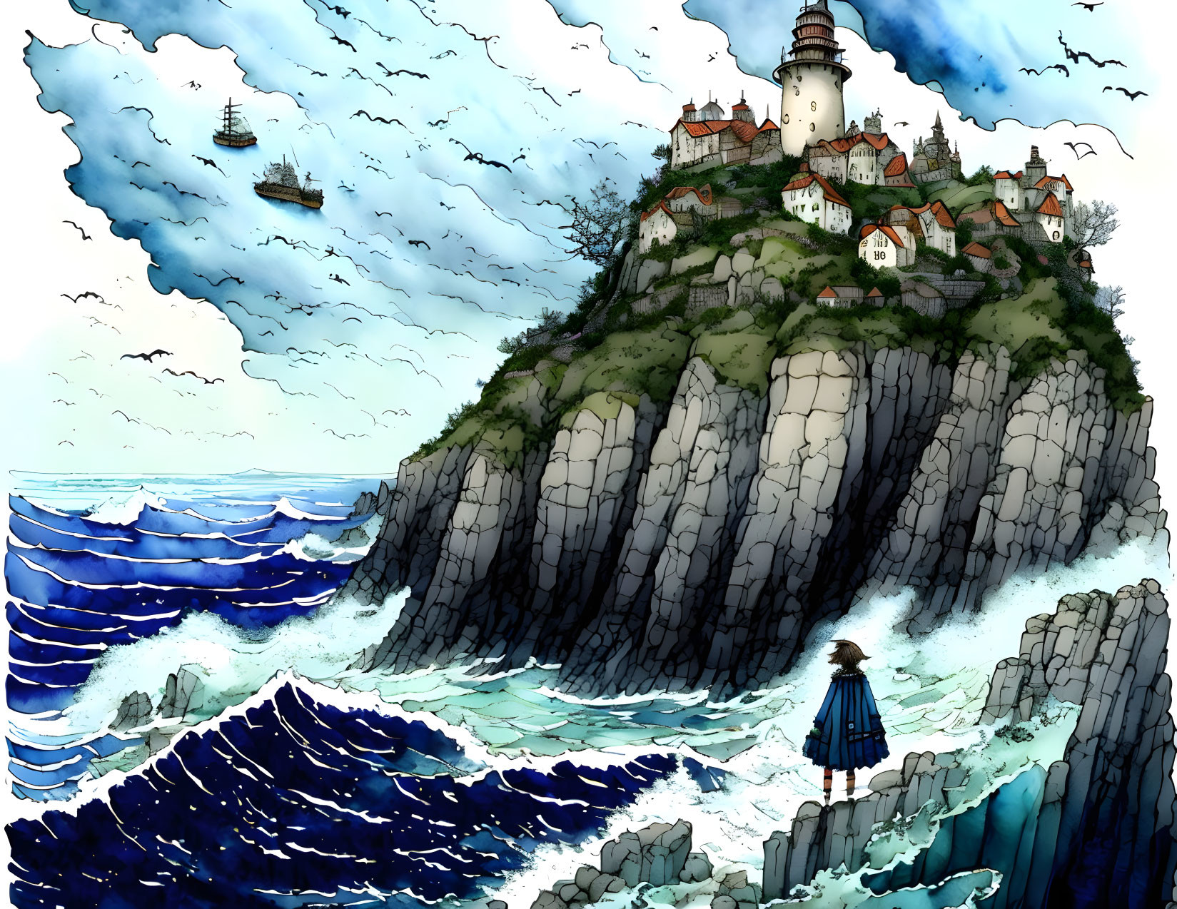 Person admires castle on cliff with crashing waves and ship in distance