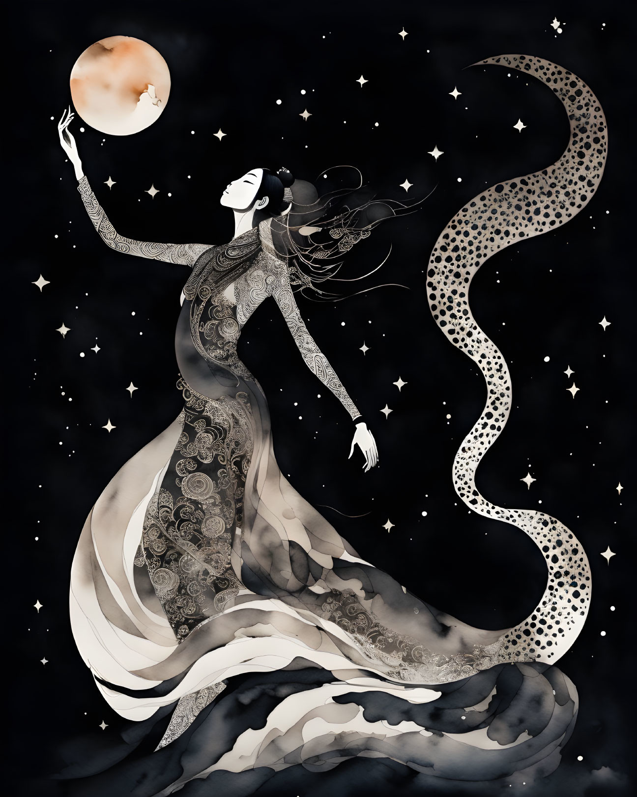 Ethereal woman reaching for glowing moon in starry backdrop