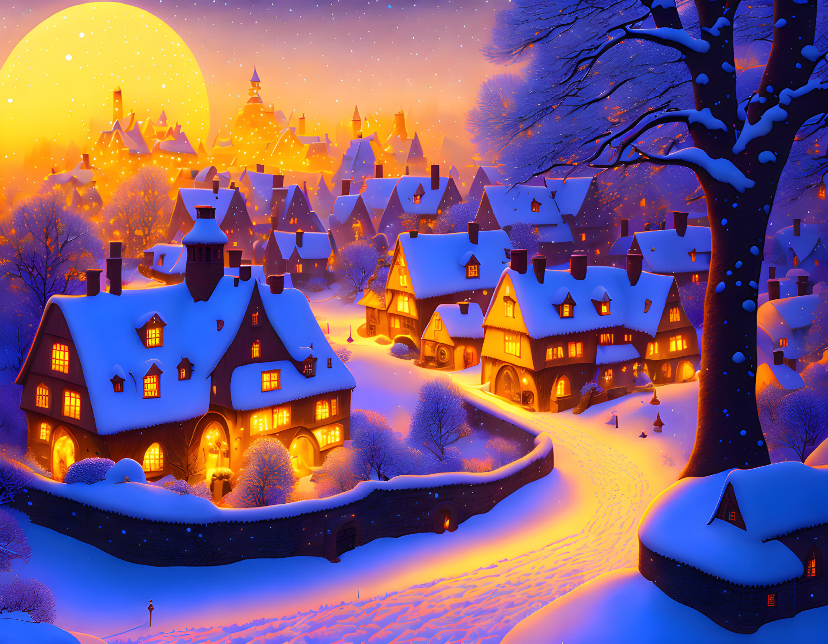 Snow-covered village with warmly lit homes under twilight sky