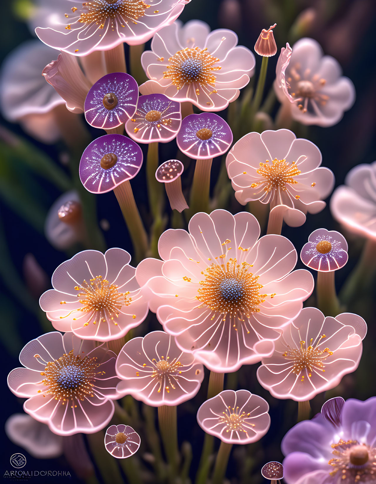 Detailed close-up of pastel flowers on dark background