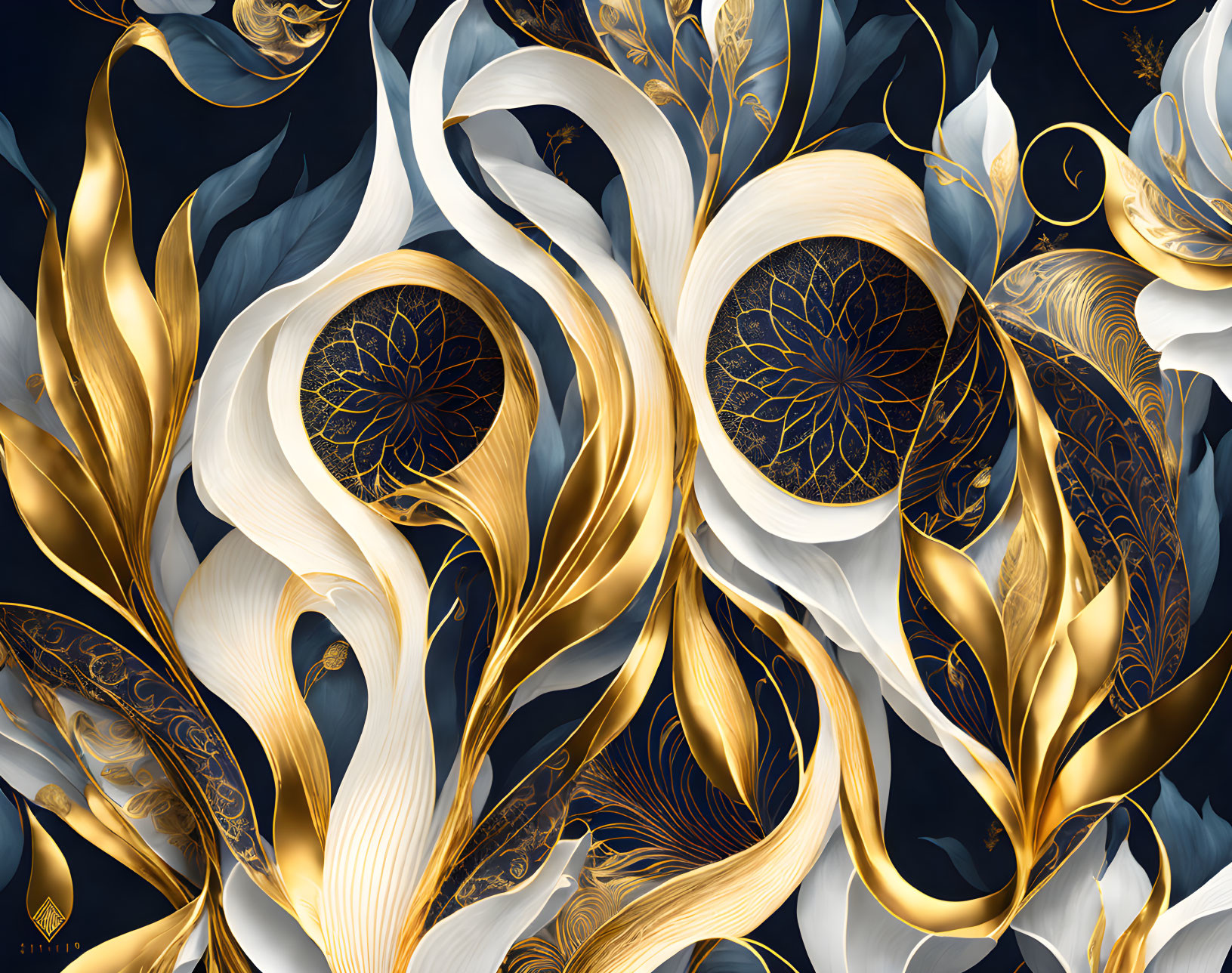 Floral Pattern with Gold and White Elements on Dark Background