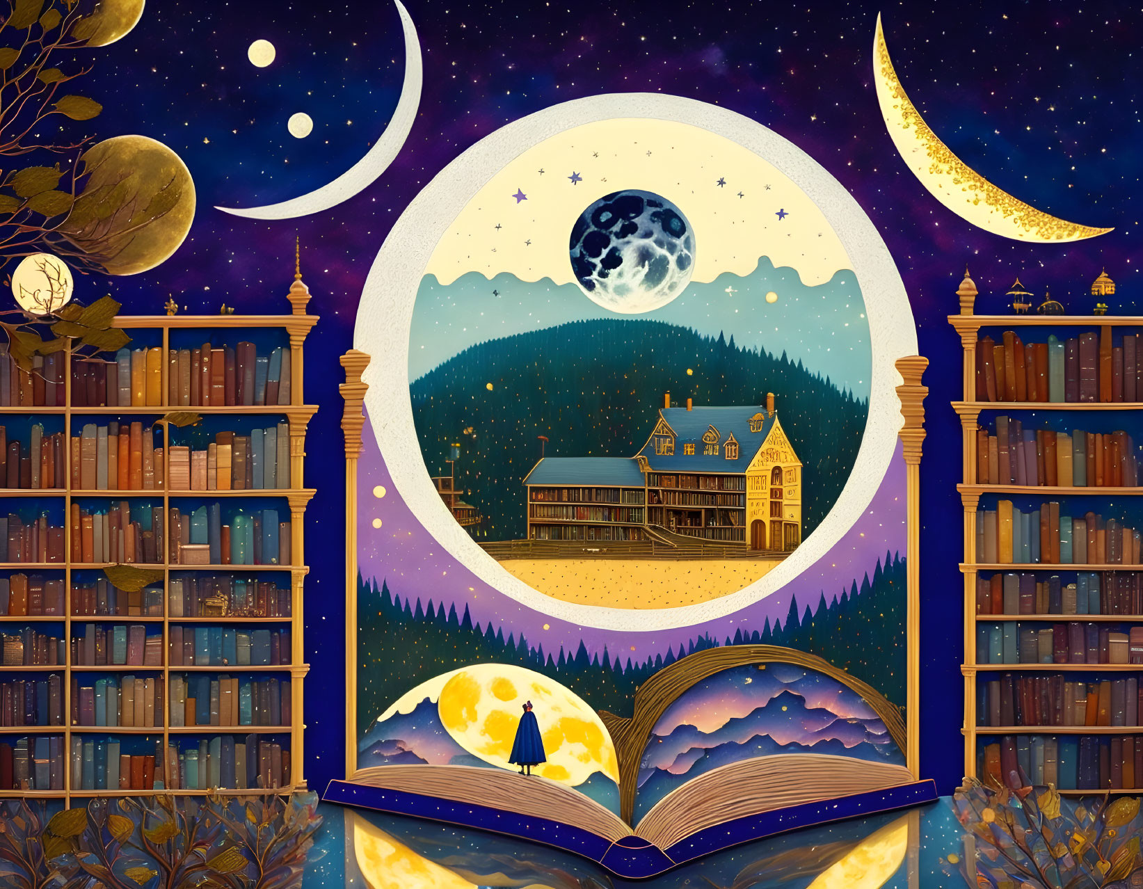 Illustration of open book transforming into nighttime landscape with house, moon frame, bookshelves.