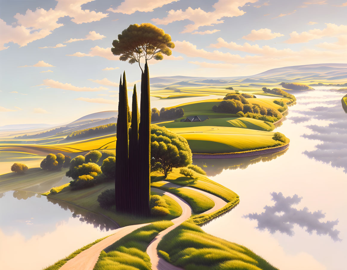 Tranquil landscape: golden hills, cypress trees, winding path, serene water.