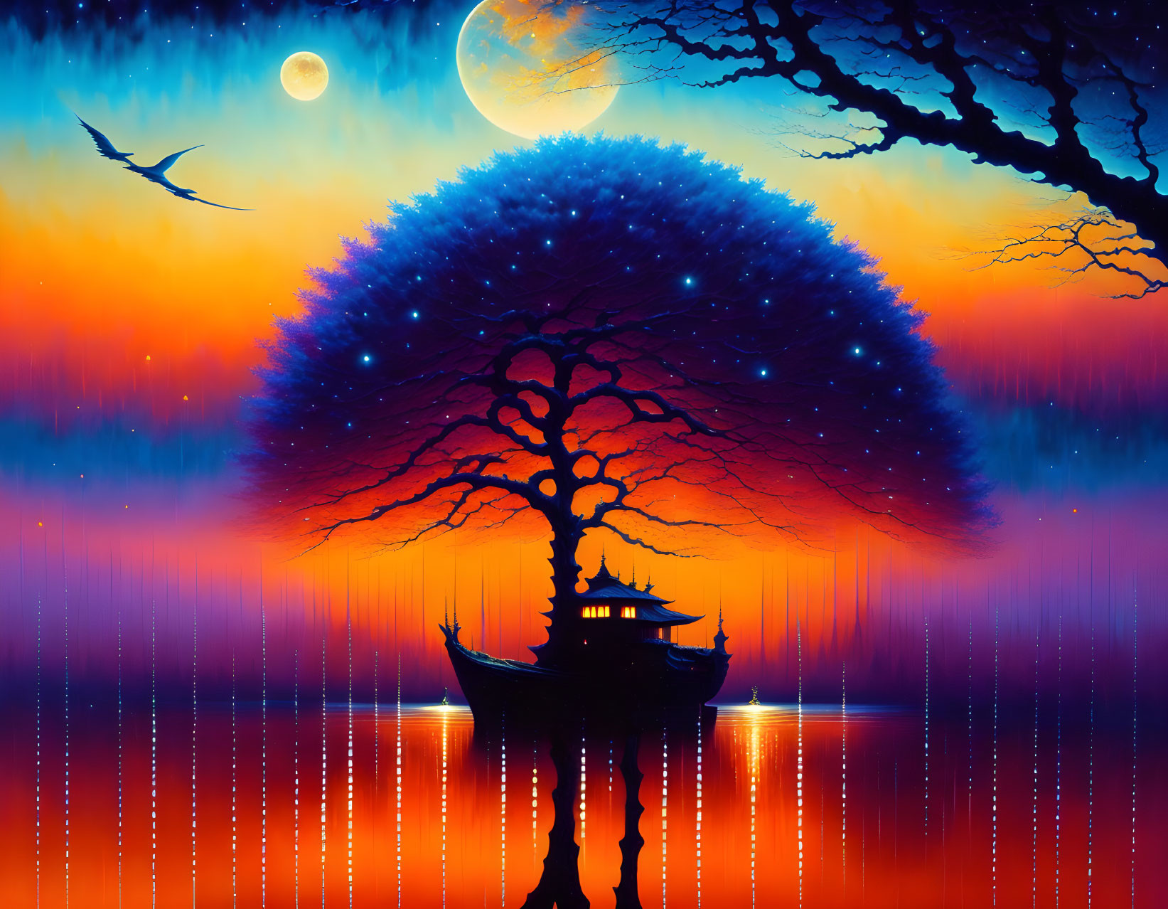 Vibrant digital artwork: Tree silhouette, pagoda, moon, water reflection