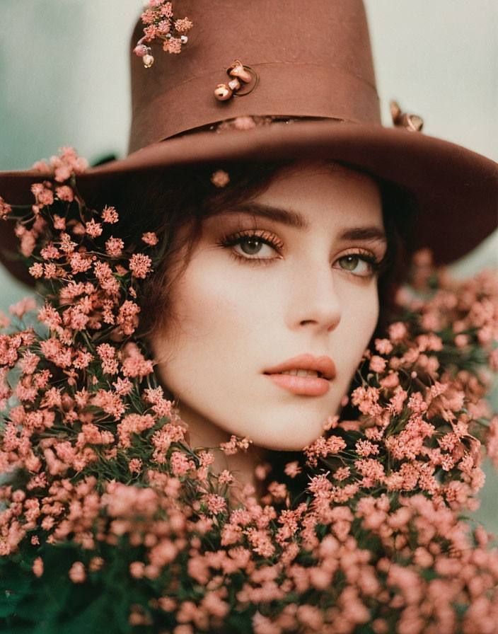 Woman with Striking Eyes in Brown Hat Surrounded by Pink Flowers