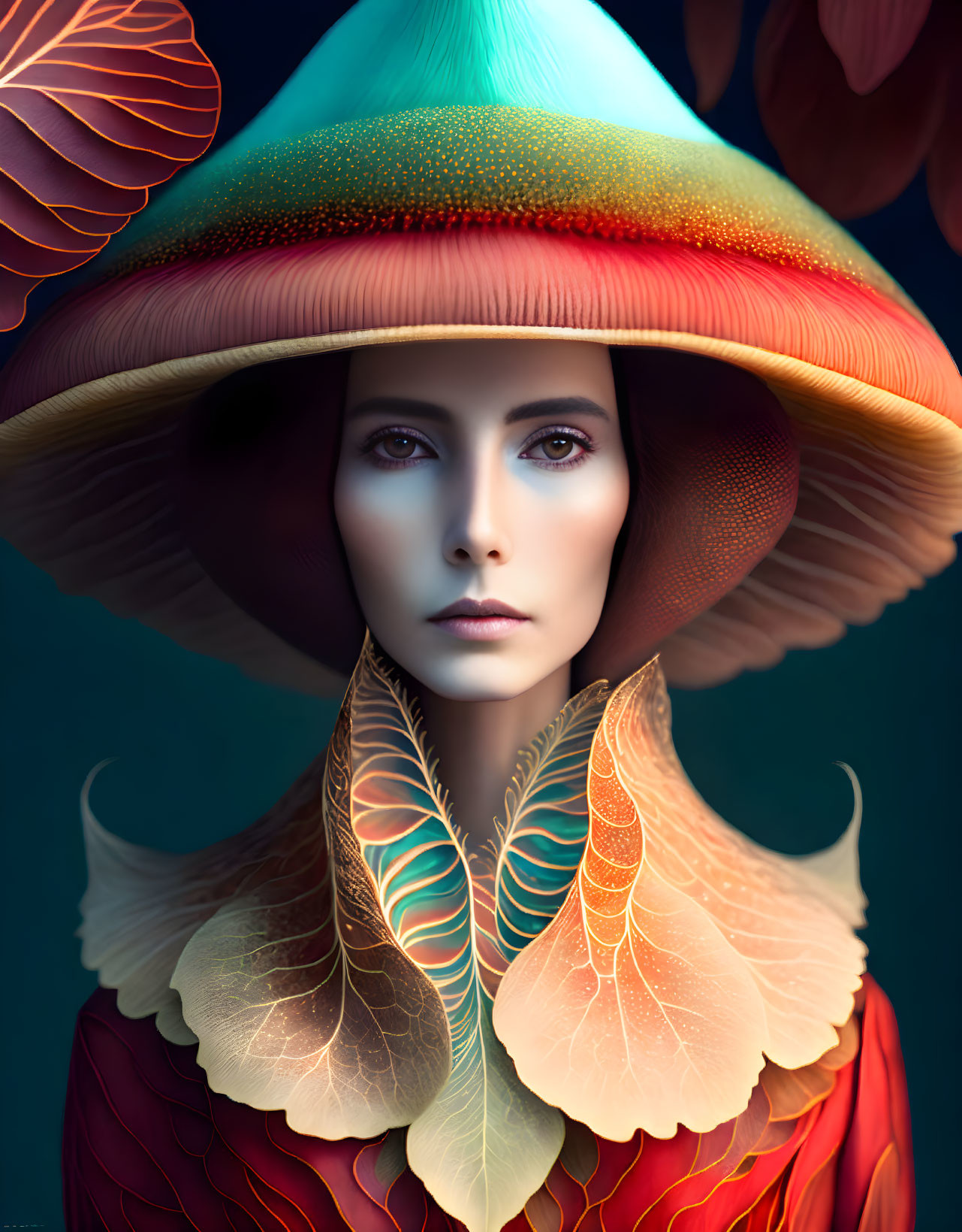 Colorful Mushroom Cap Portrait with Leaf Adornments