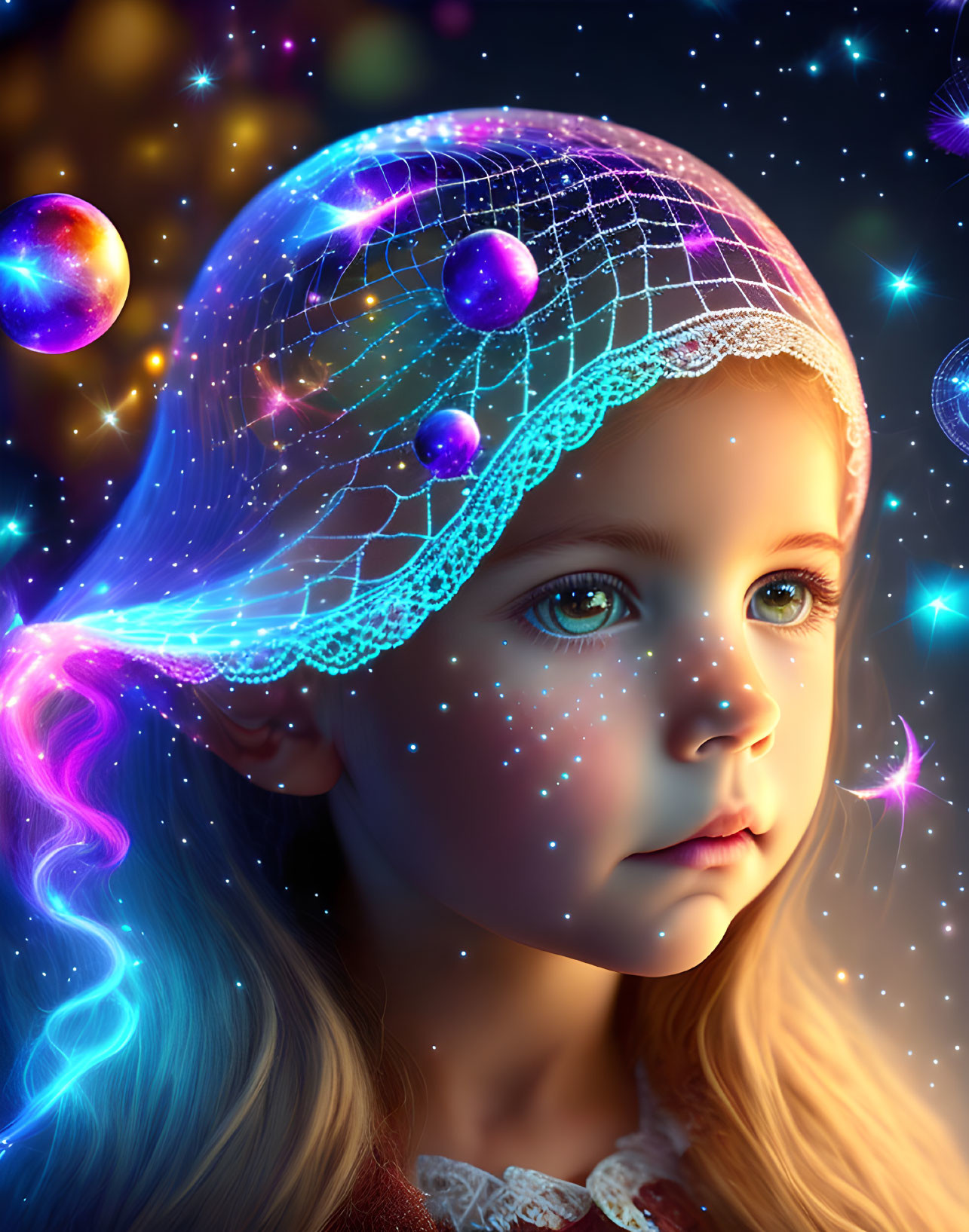 Cosmic-themed digital artwork of a young girl with glowing points and translucent veil