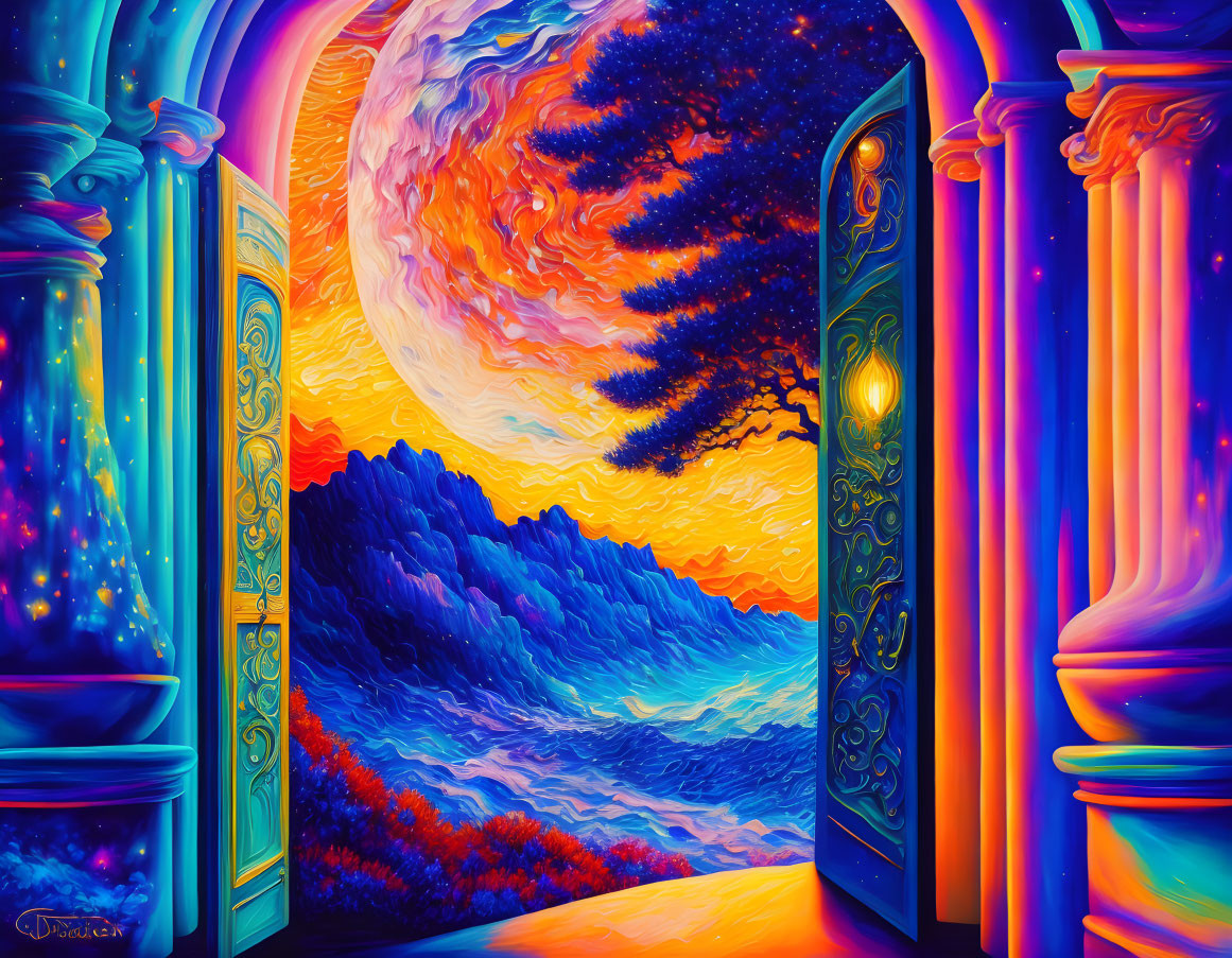 Colorful Surrealist Landscape with Mountains and Swirling Sky Through Doorway