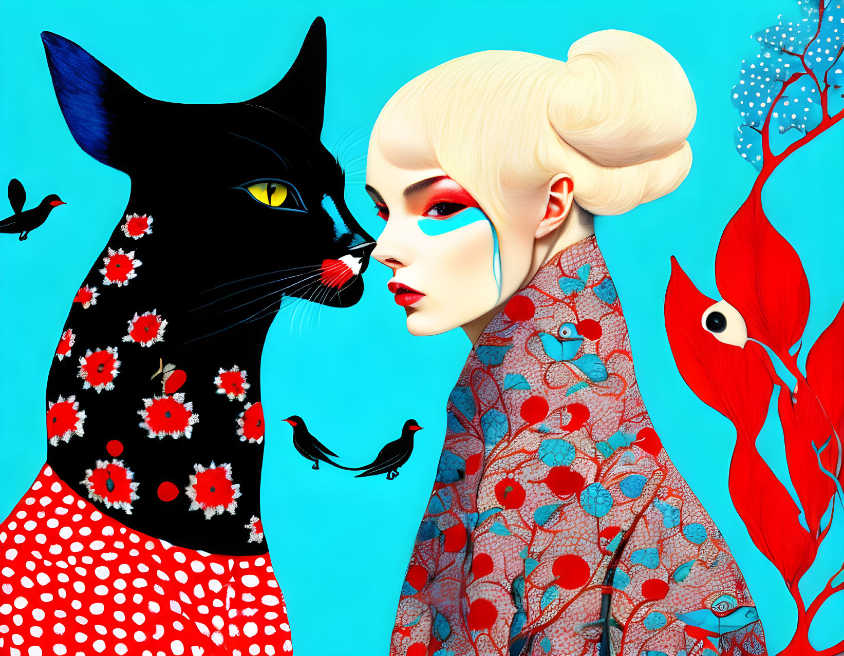 Colorful Illustration of Woman with Artistic Makeup and Stylish Bun Next to Patterned Black Cat