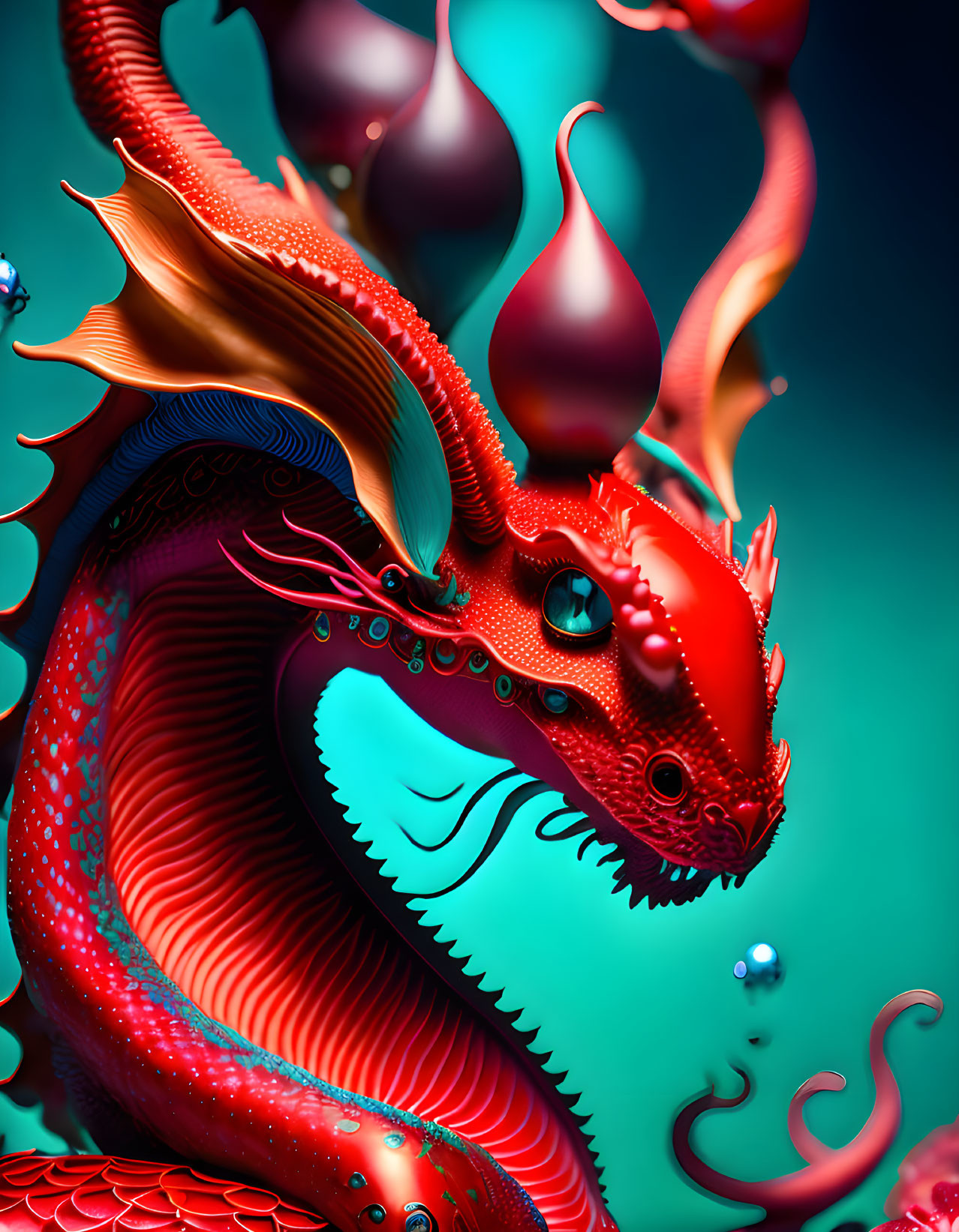 Detailed red dragon with swirling horns amid orbs and liquid tendrils on teal background