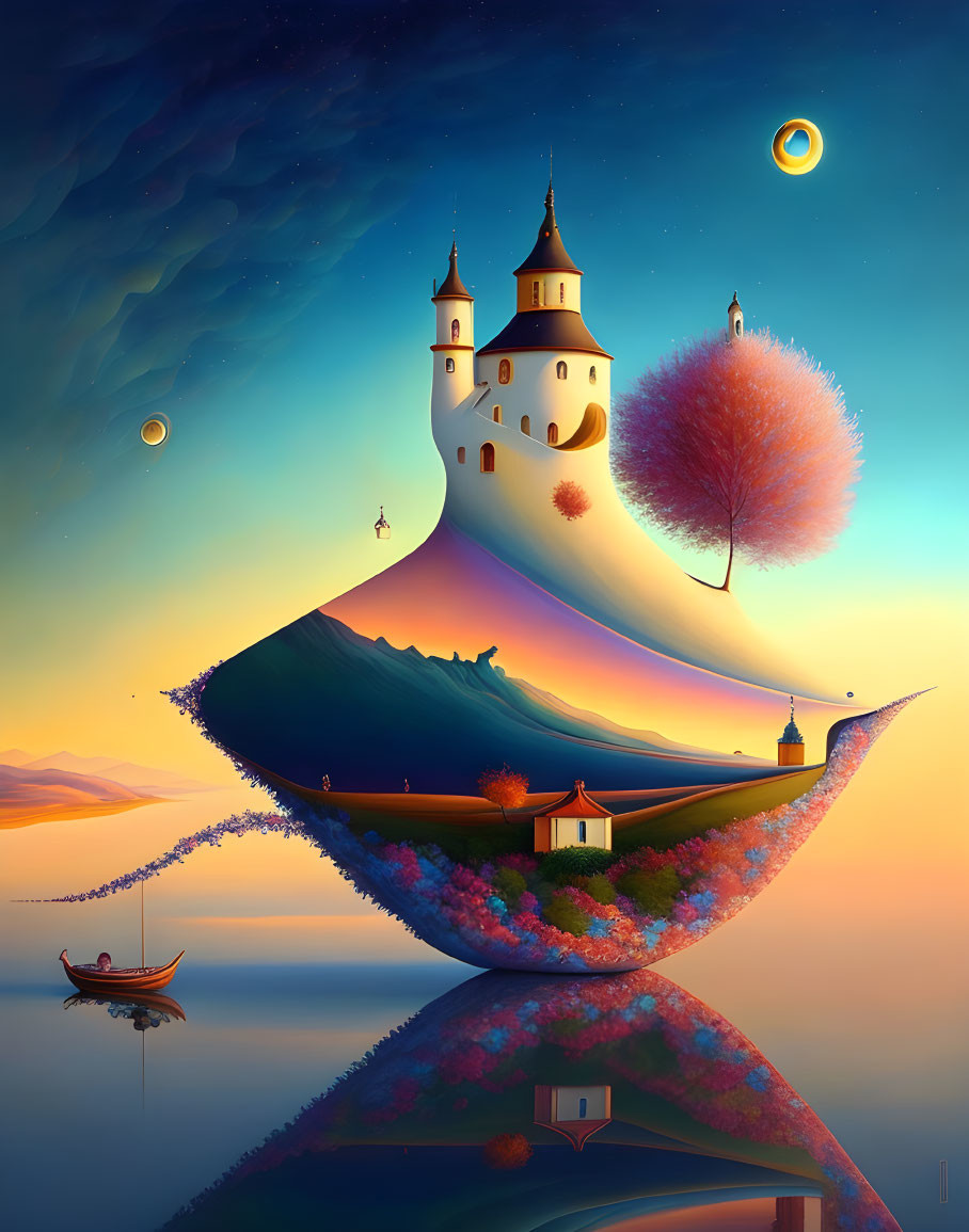 Digital artwork: Floating island with castle, autumn trees, mirrored coastline, boat, twilight sky.