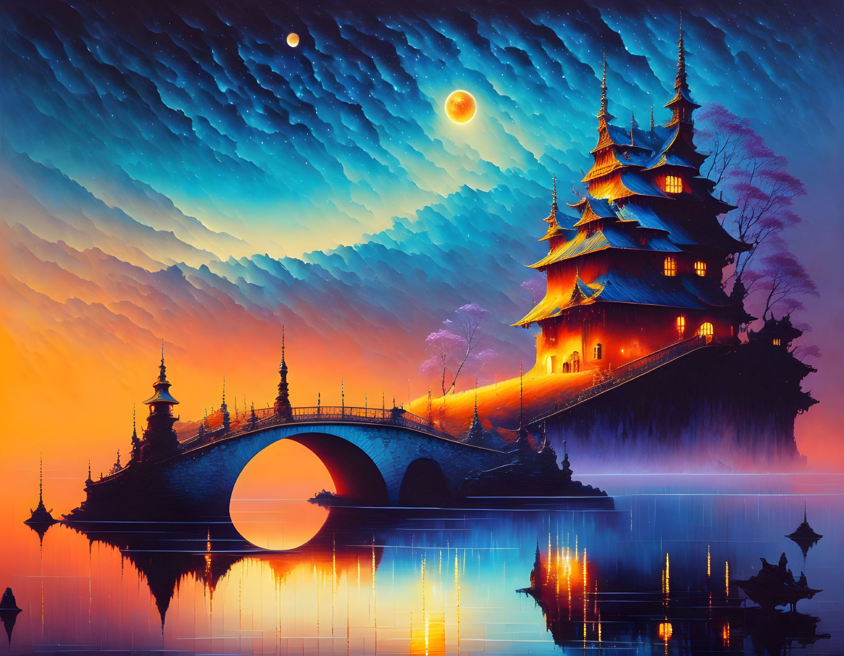 Colorful Asian pagoda and bridge in digital art against a surreal sunset with moon and planet.