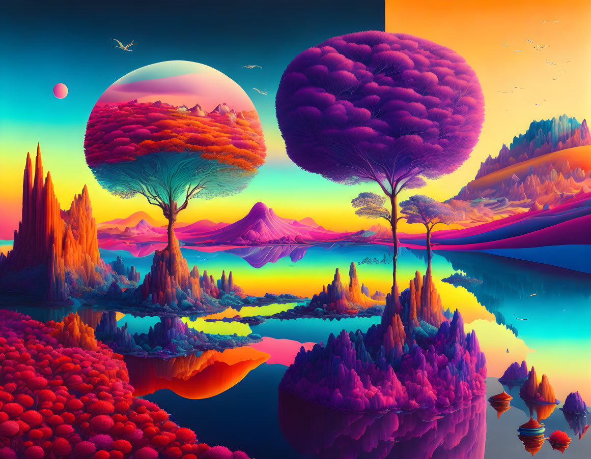 Colorful Trees and Rock Formations in Surreal Landscape