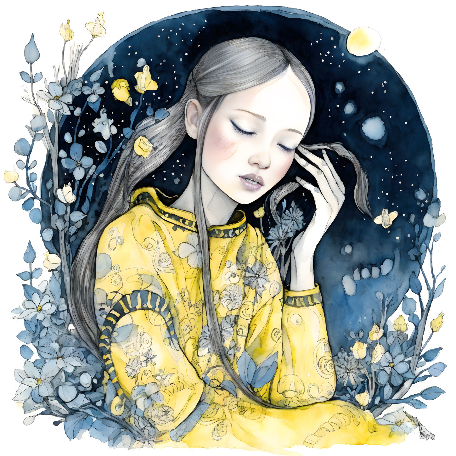 Illustration of girl in yellow dress with flowers, night sky, and butterflies.