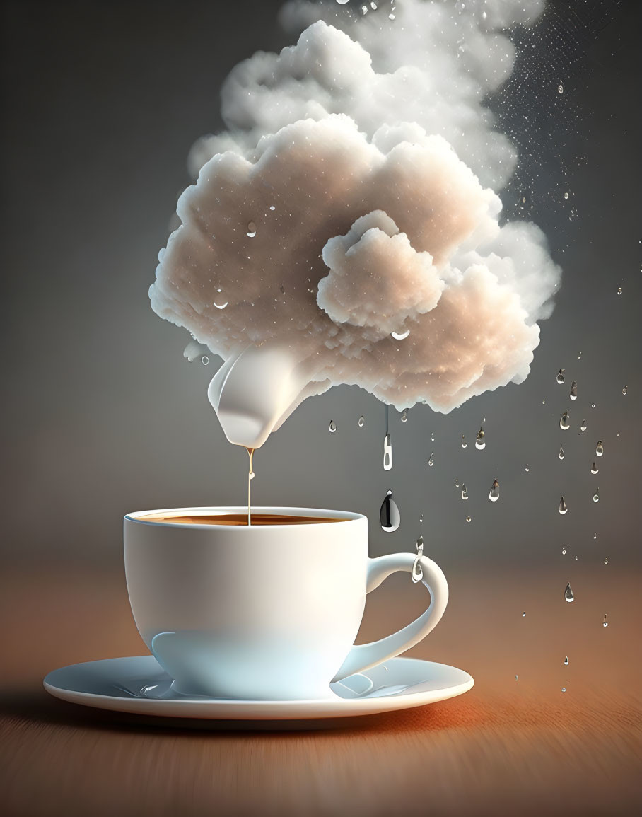 White coffee cup on saucer with milk cloud and raindrops artwork