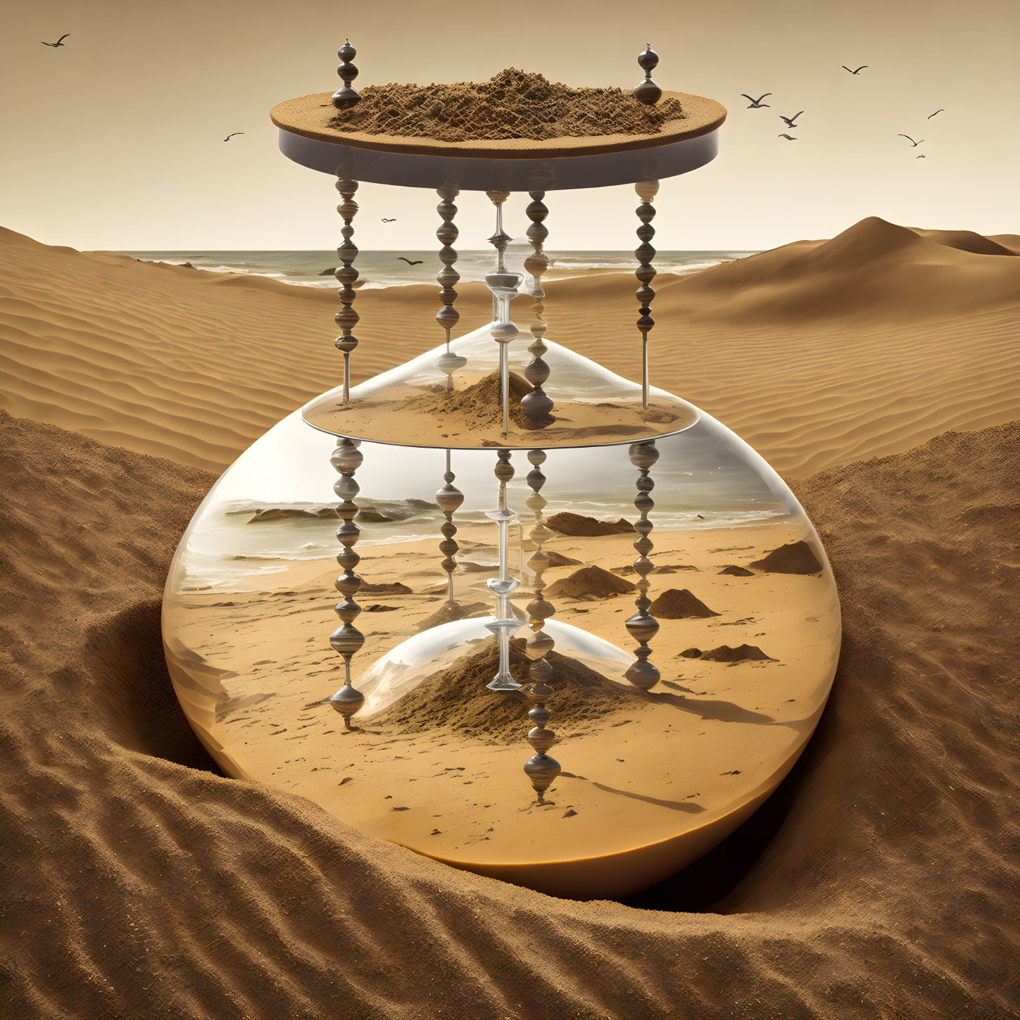 Hourglass buried in sand dunes with sand trickling down under clear sky