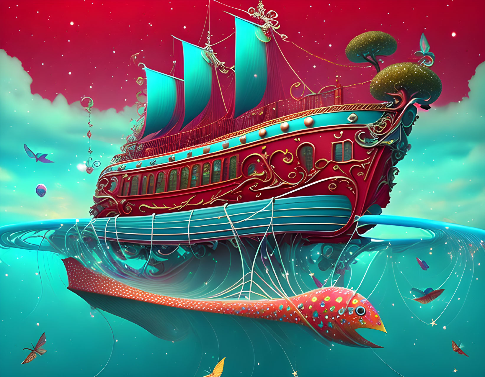 Vibrant ship illustration with blue sails and fish in red and turquoise sky