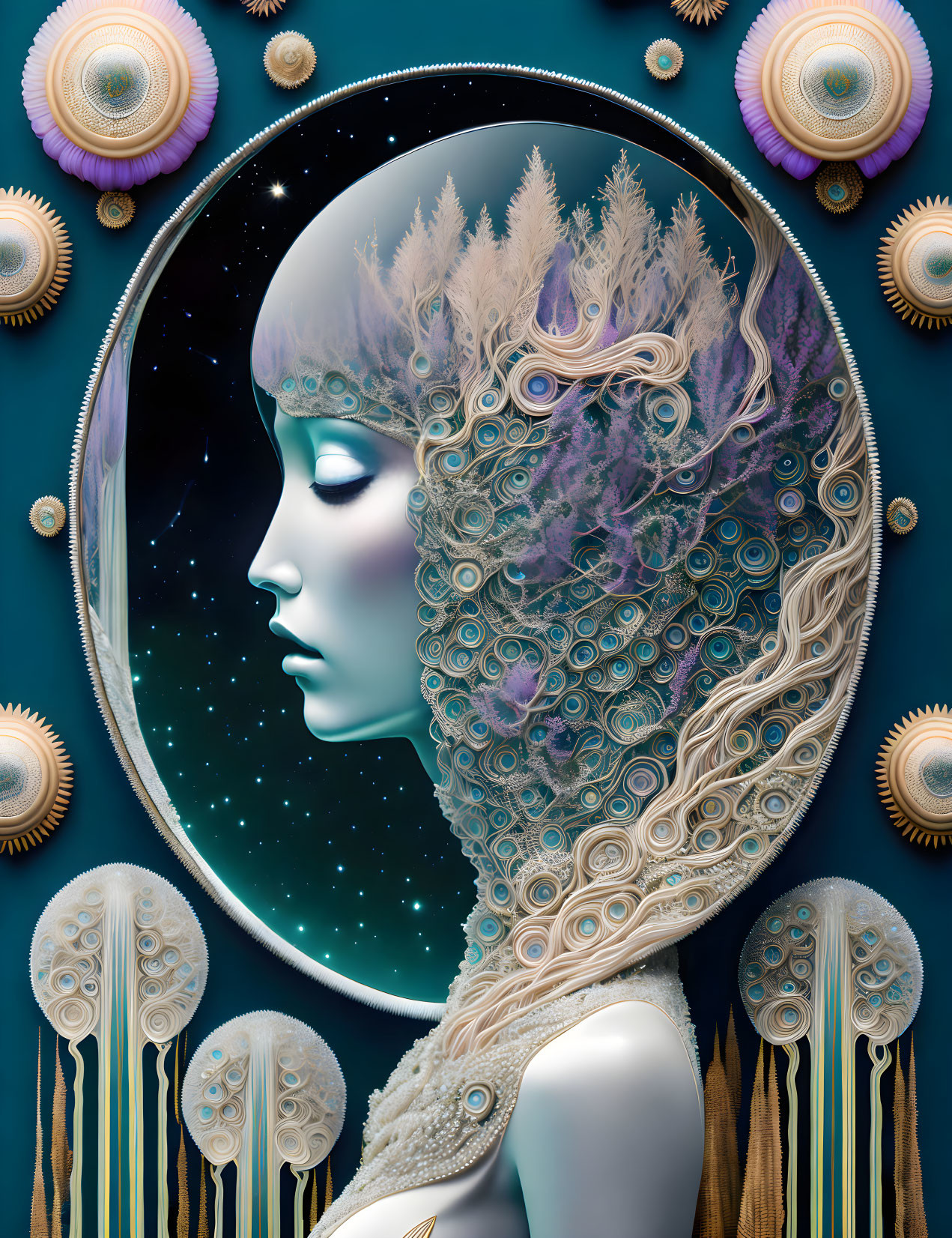 Surreal feminine figure in cosmic setting with mirror frame and celestial motifs