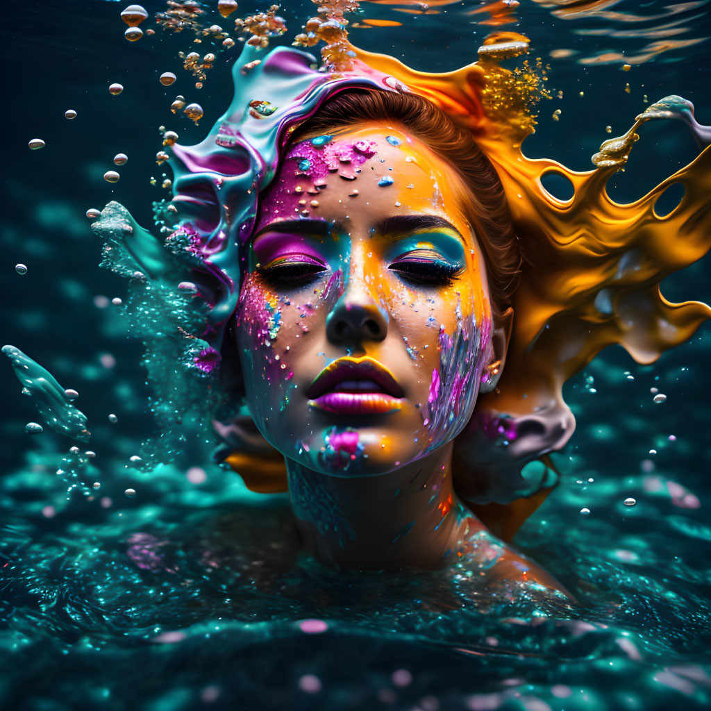 Colorful Makeup Woman Emerges from Water with Splashes