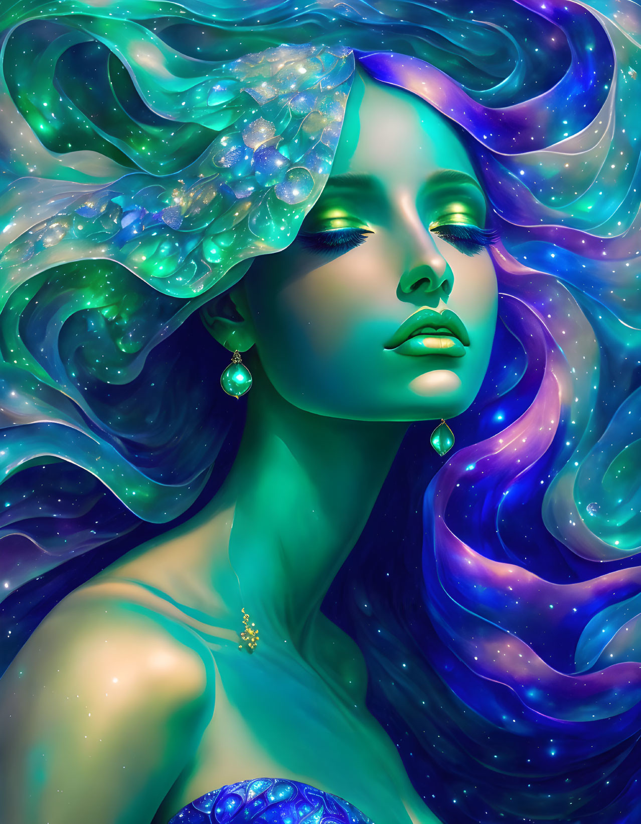 Colorful digital artwork: Woman with galaxy hair in blue and purple, adorned with jewels.