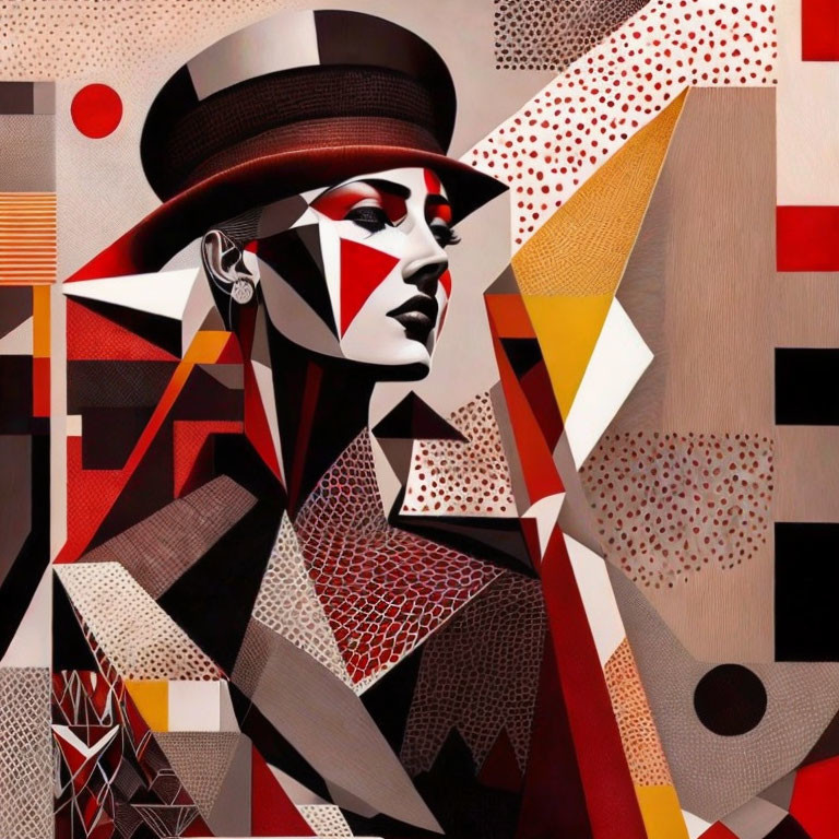 Abstract portrait featuring stylish figure with geometric patterns, hat, red, black, and white tones