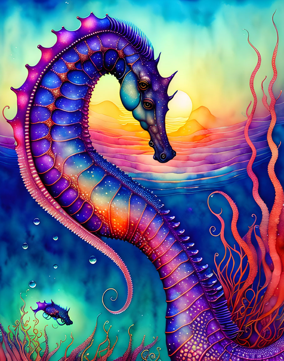 Colorful seahorse illustration in ocean sunset scene