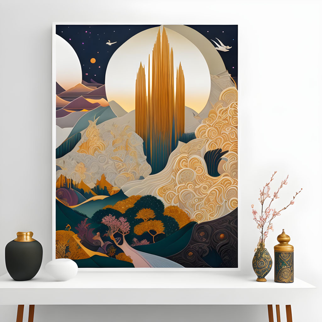 Abstract landscape illustration with mountains, swirling patterns, trees, moons, vases, and shelf.