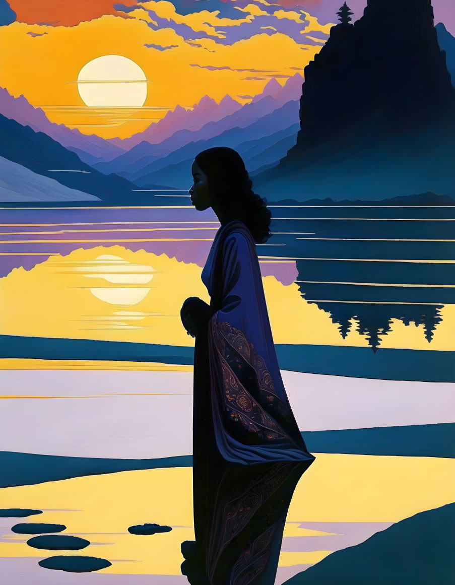 Woman's silhouette at lakeside during sunset with vibrant colors and mountain backdrop