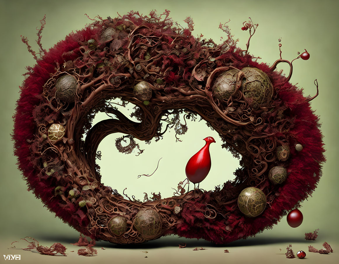 Heart-shaped nest with red bird on olive background: whimsical artwork.