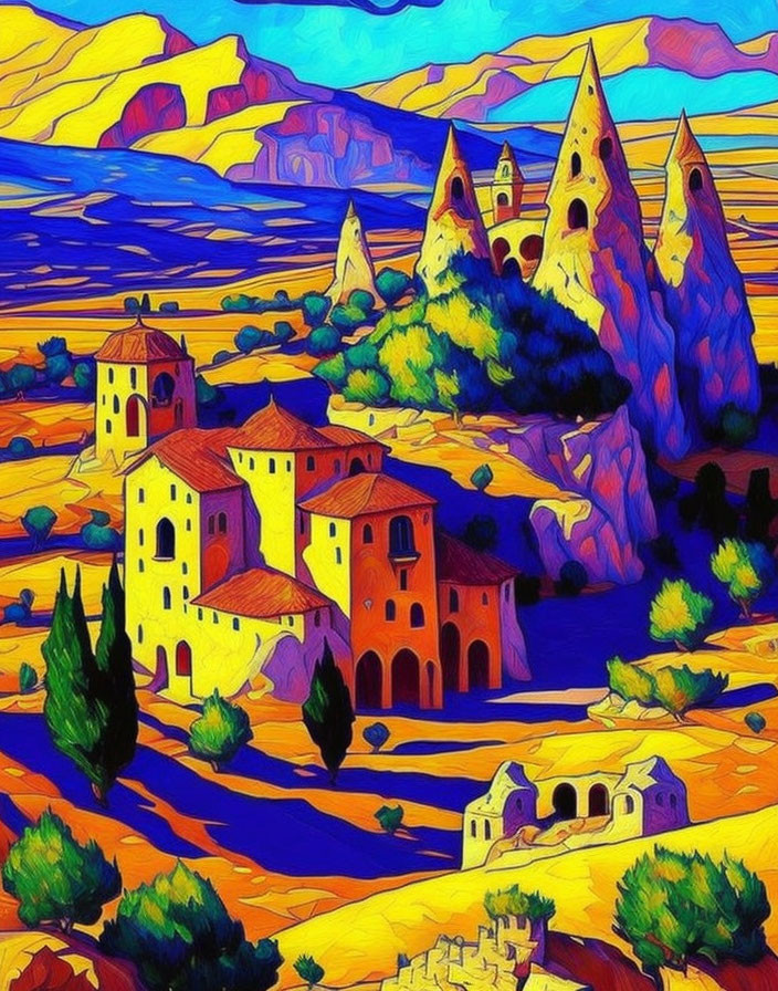 Colorful Mediterranean Landscape with Rolling Hills and Buildings