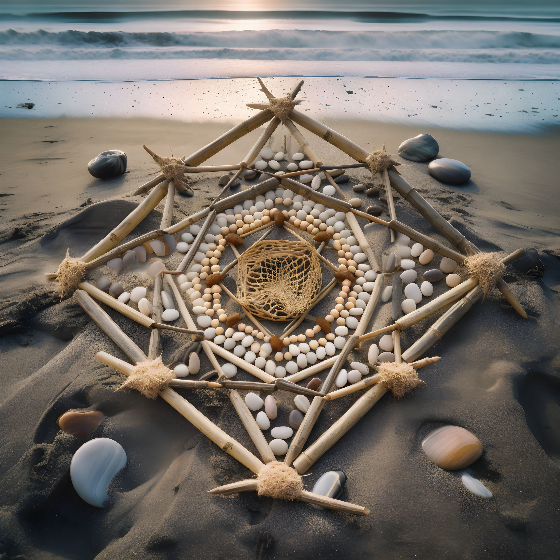 Detailed Sand Mandala Design with Sticks, Stones, and Woven Patterns on Beach at Sunset