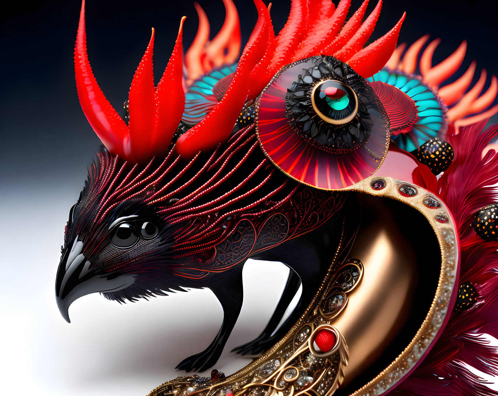 Detailed artwork: Fantastical bird with red crest, eye-like feathers, and golden decorations.