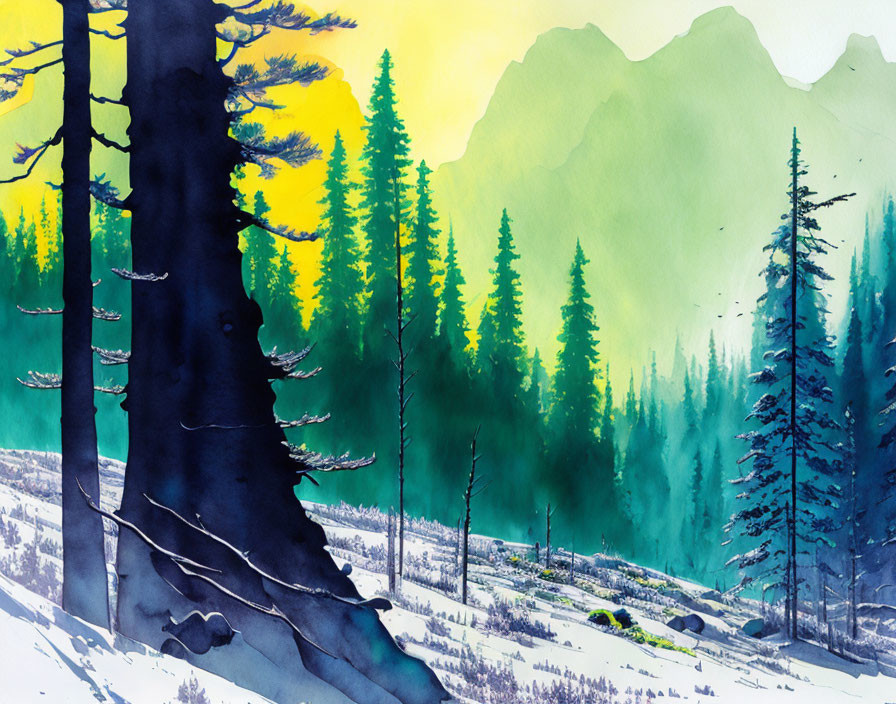 Misty forest landscape with vibrant watercolor trees & mountains