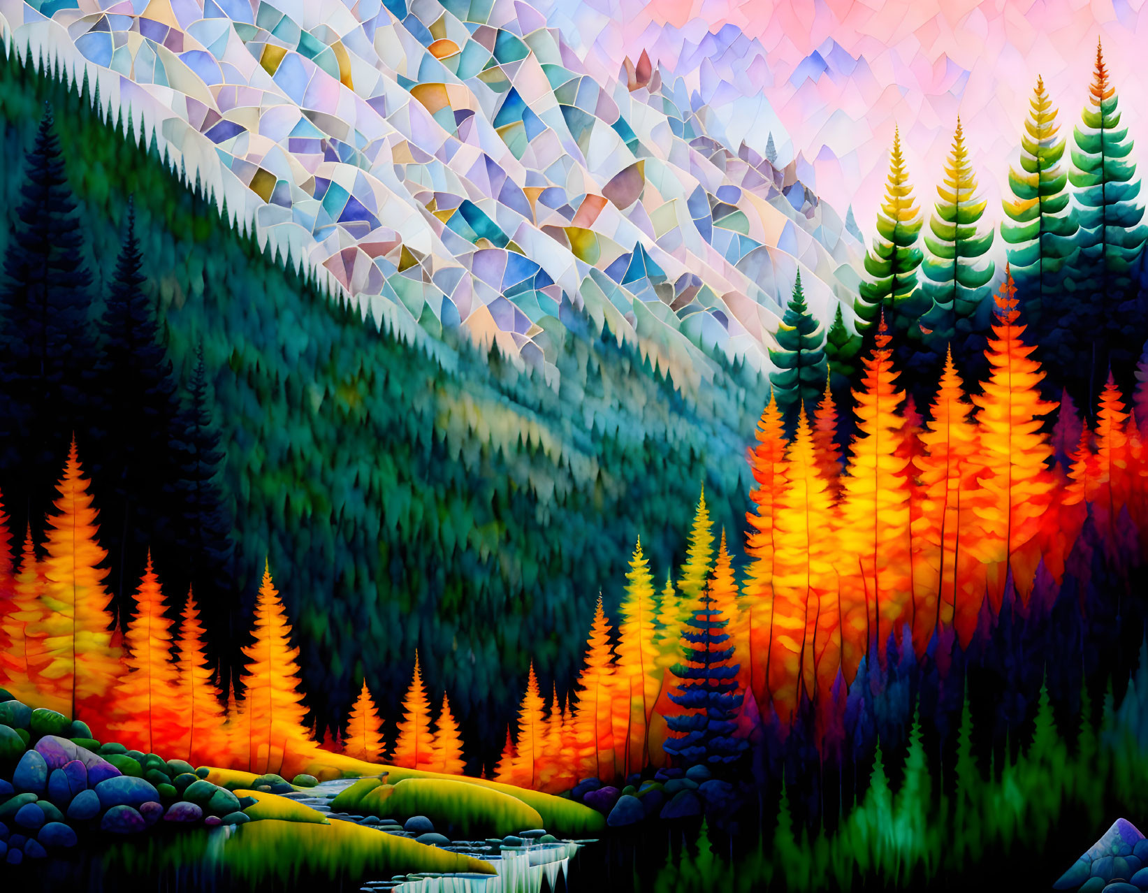 Colorful forest painting with river, geometric mountains, and vibrant sky