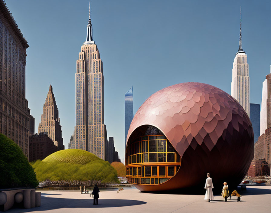 Futuristic copper spherical building near Empire State Building