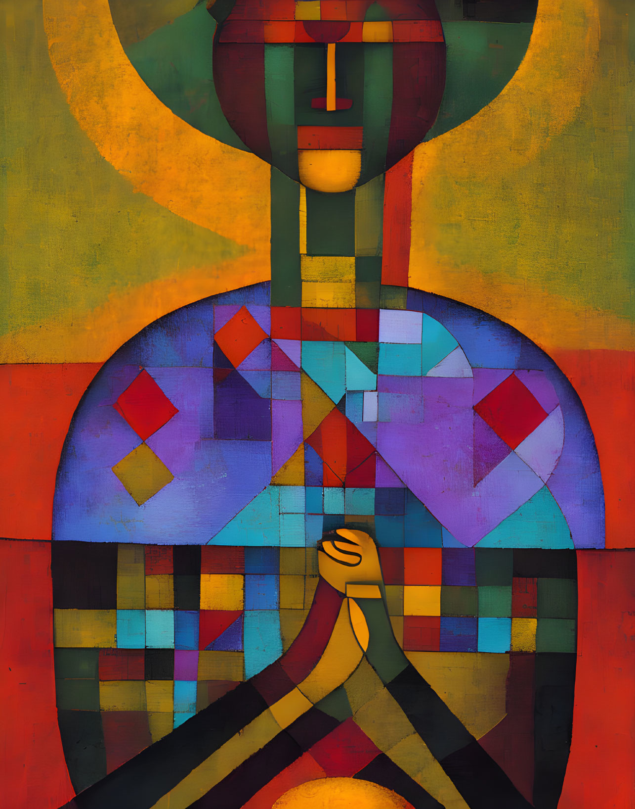 Vibrant abstract geometric humanoid figure in red, yellow, and green.