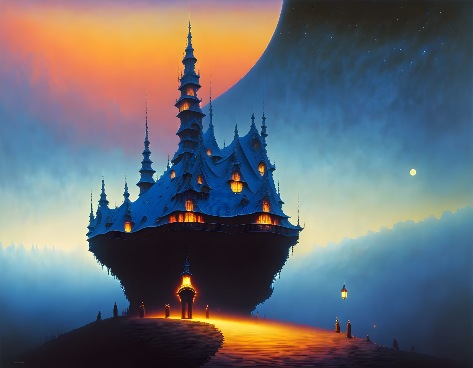 Fantastical floating castle at dusk with spires against orange sky