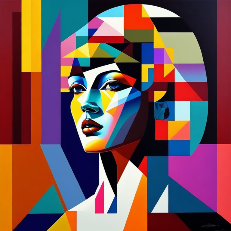 Vibrant Cubist-style Woman Portrait with Geometric Shapes