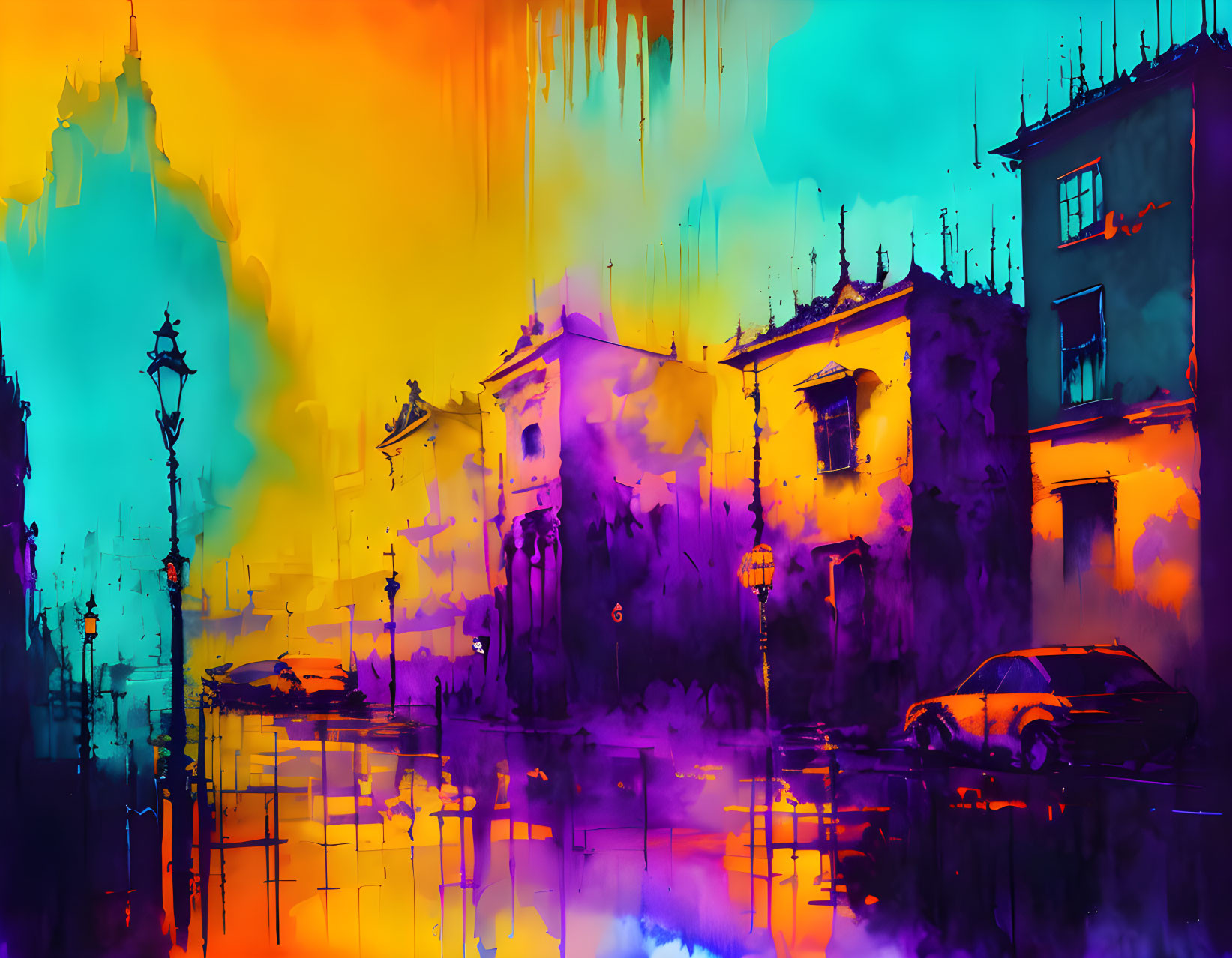 Colorful Abstract Street Scene with Dripping Paint Effect