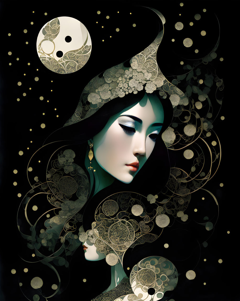 Detailed artwork of pale-skinned woman in decorative hat with yin-yang symbol, intricate golden patterns