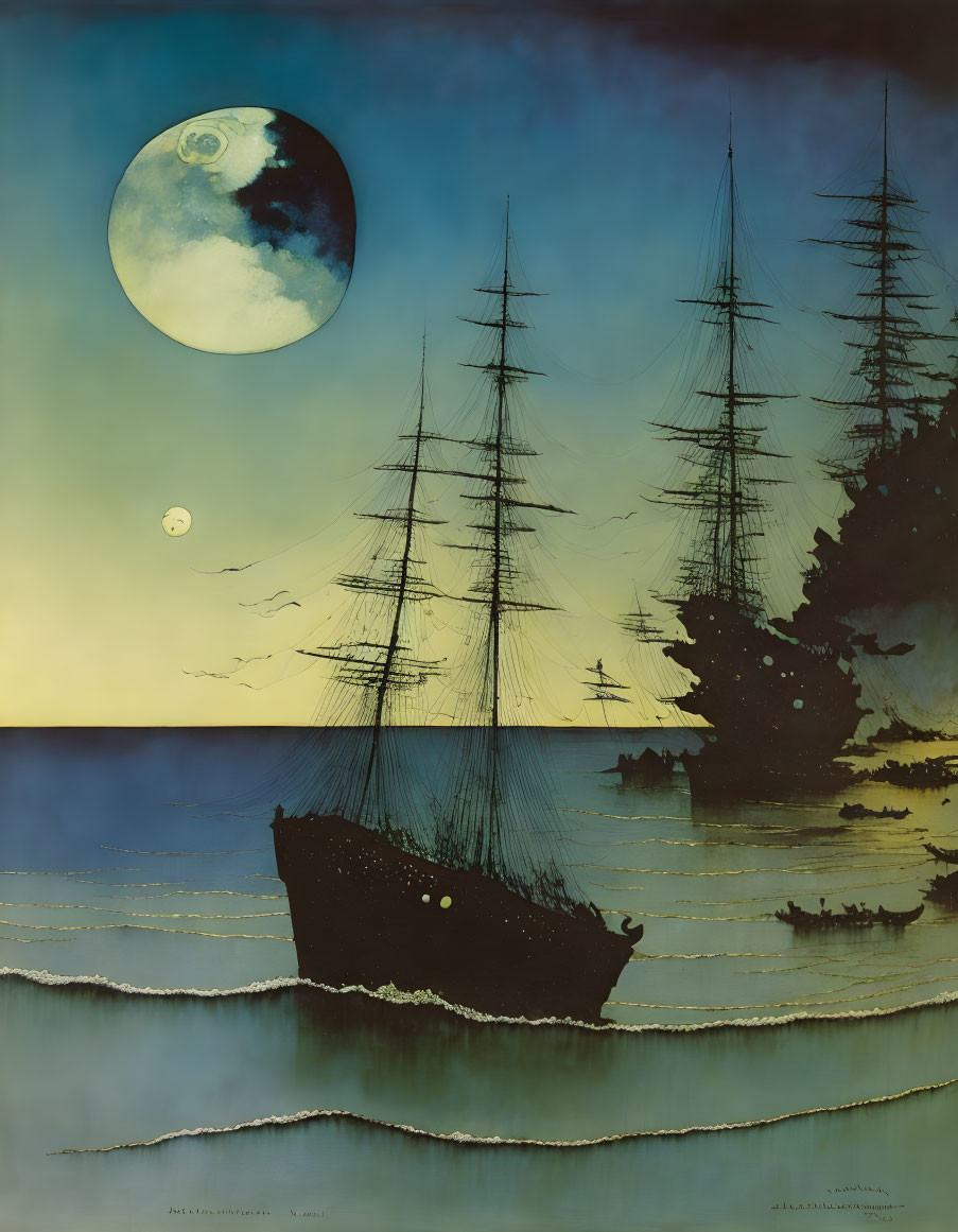 Sail ship silhouette on twilight ocean with moon and celestial body